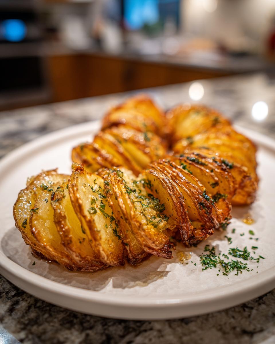 Close-up of golden brown accordion potatoes, garnished with fresh herbs, on a white plate.