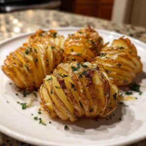 Five crispy accordion potatoes on a white plate, garnished with herbs and seasonings.