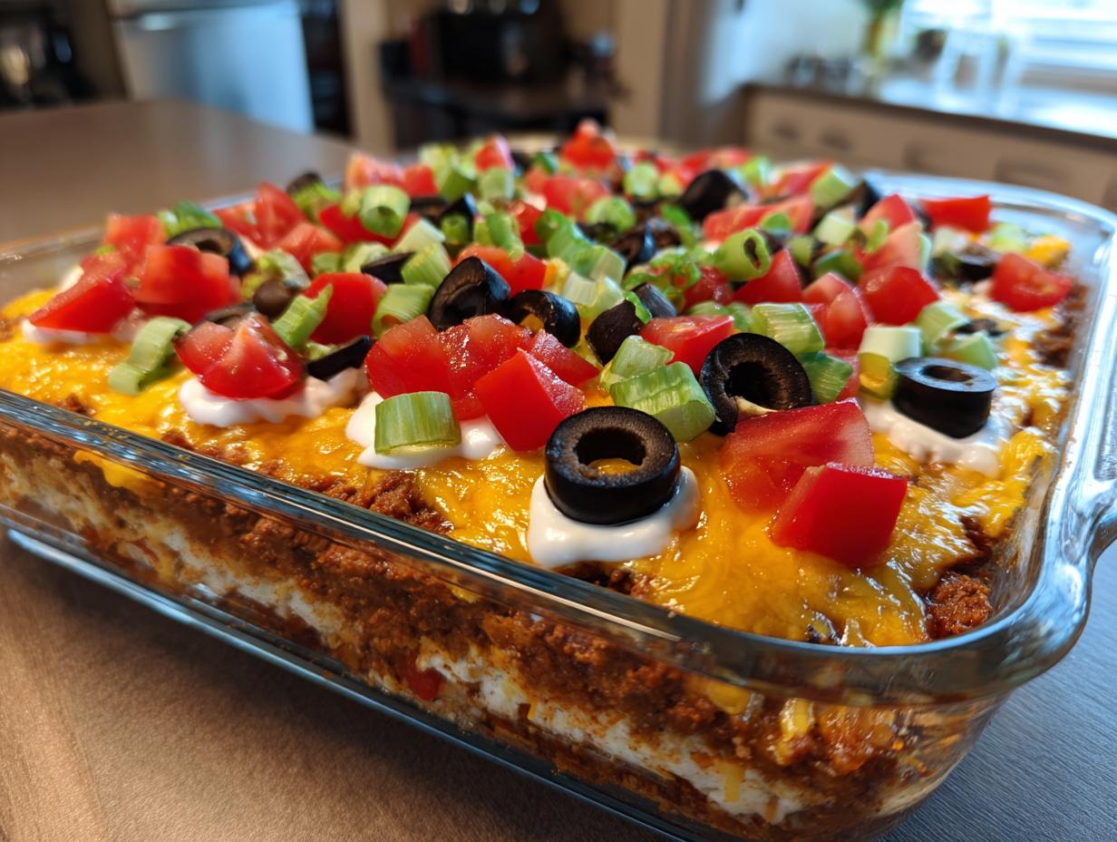 A delicious and colorful 7 Layer Dip in a glass baking dish, topped with tomatoes, olives, and green onions.