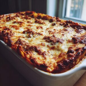 Close-up of a freshly baked lasagna in a white baking dish, with melted cheese and rich meat sauce.