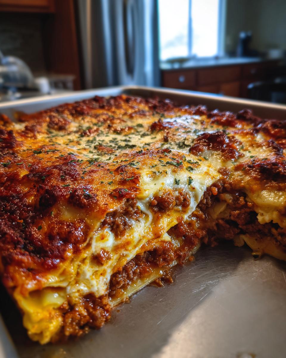 A close-up view of a freshly baked lasagna with layers of pasta, rich meat sauce, and melted cheese, sprinkled with parsley.