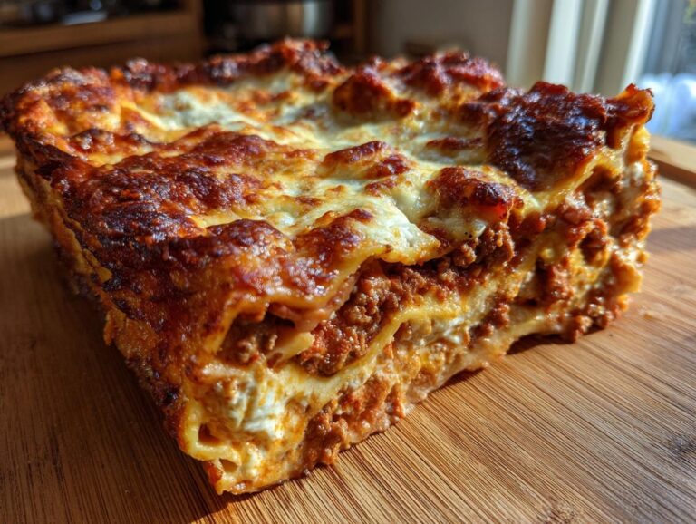 A close-up, angled view of a hearty slice of homemade lasagna, showcasing layers of pasta, rich meat sauce, and melted cheese.