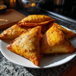 A pile of golden-brown, crispy samosas on a white plate, showcasing their triangular shape and textured pastry.