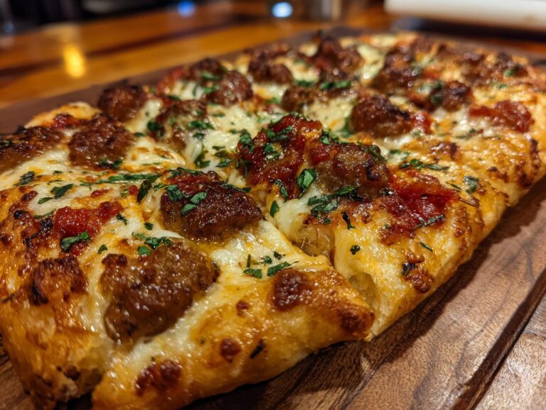 Close-up of a delicious sausage pizza with melted cheese and fresh herbs, ready to be served.