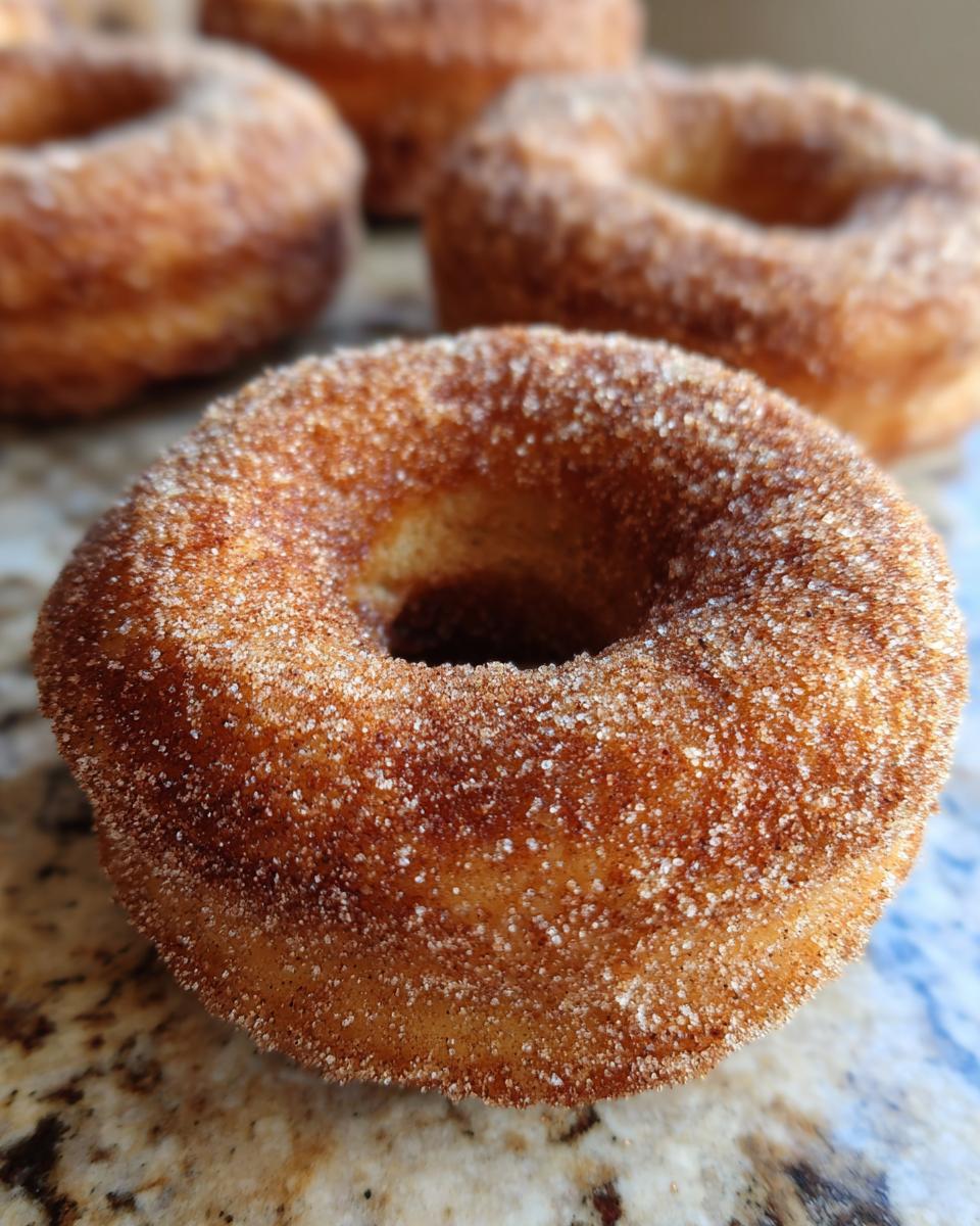 A close-up of homemade apple cider donuts coated in cinnamon sugar, showcasing their texture and deliciousness.