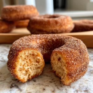 Close-up of an apple cider donut with a bite taken out, coated in cinnamon sugar. Other donuts are blurred in the background.