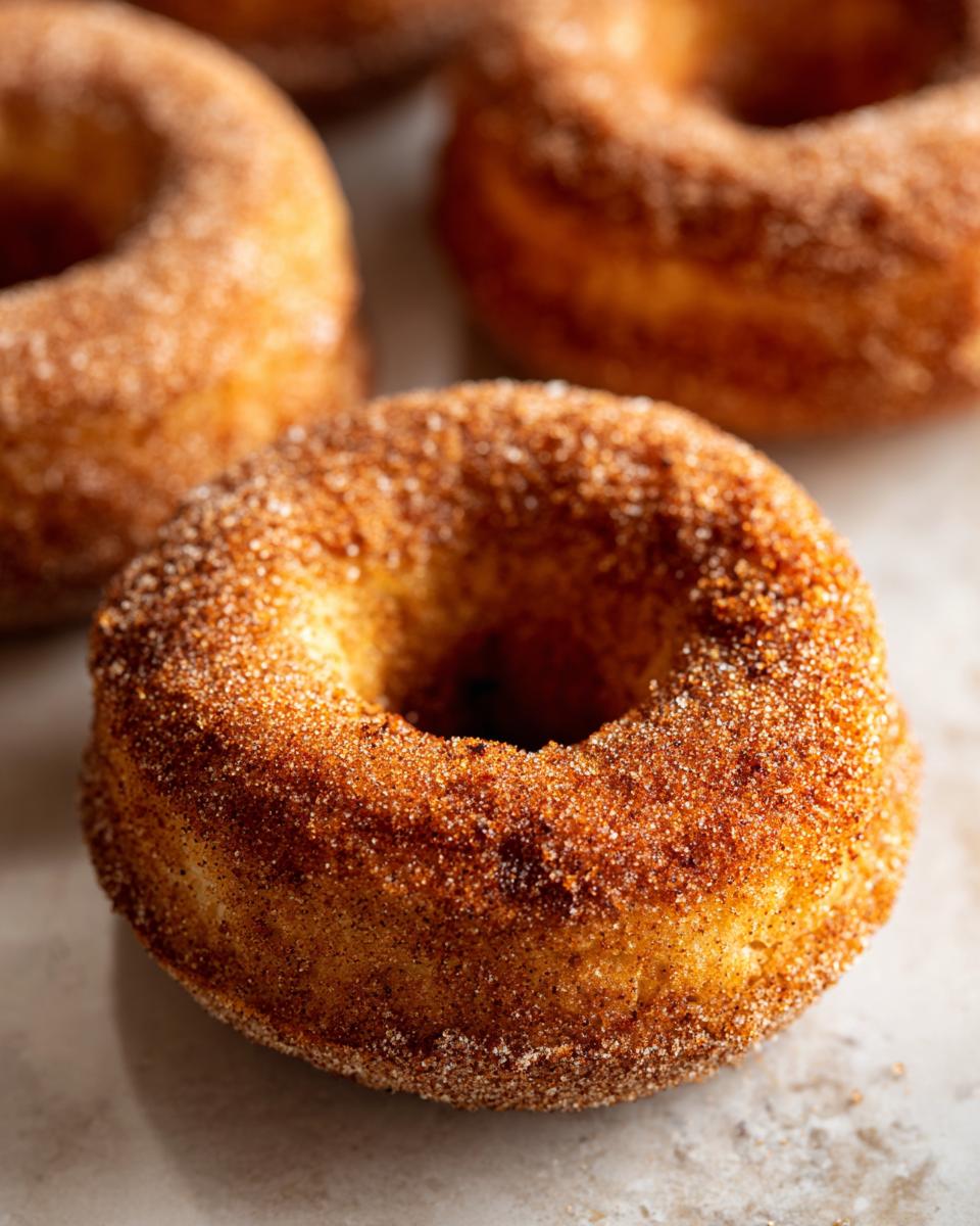 A close-up of apple cider donuts coated in cinnamon sugar, showcasing their texture and golden color.
