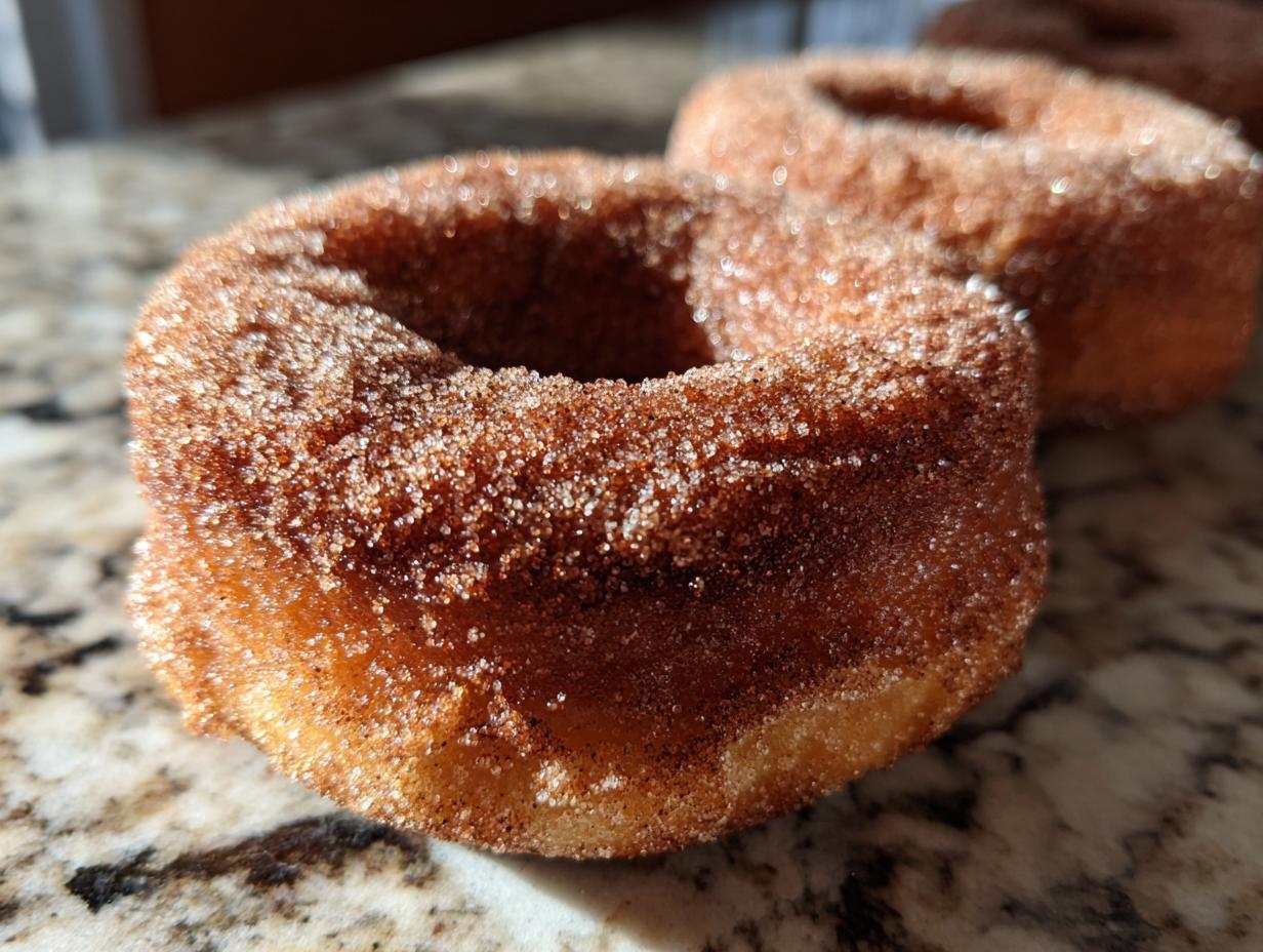 A close-up shot of apple cider donuts coated in cinnamon sugar on a marble surface.
