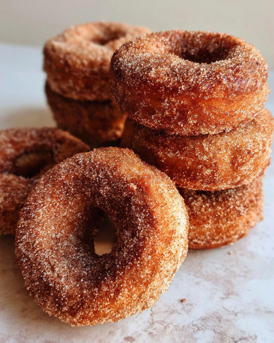 A stack of freshly made apple cider donuts coated in cinnamon sugar, ready to eat.
