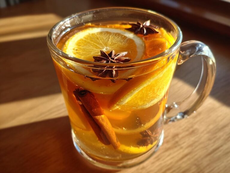 A warm mug of spiced apple cider with orange slices, cinnamon sticks, and star anise.