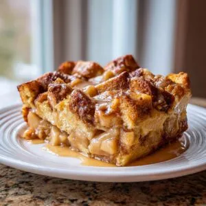 A close-up of a slice of Apple Cinnamon French Toast on a white plate, drizzled with syrup.