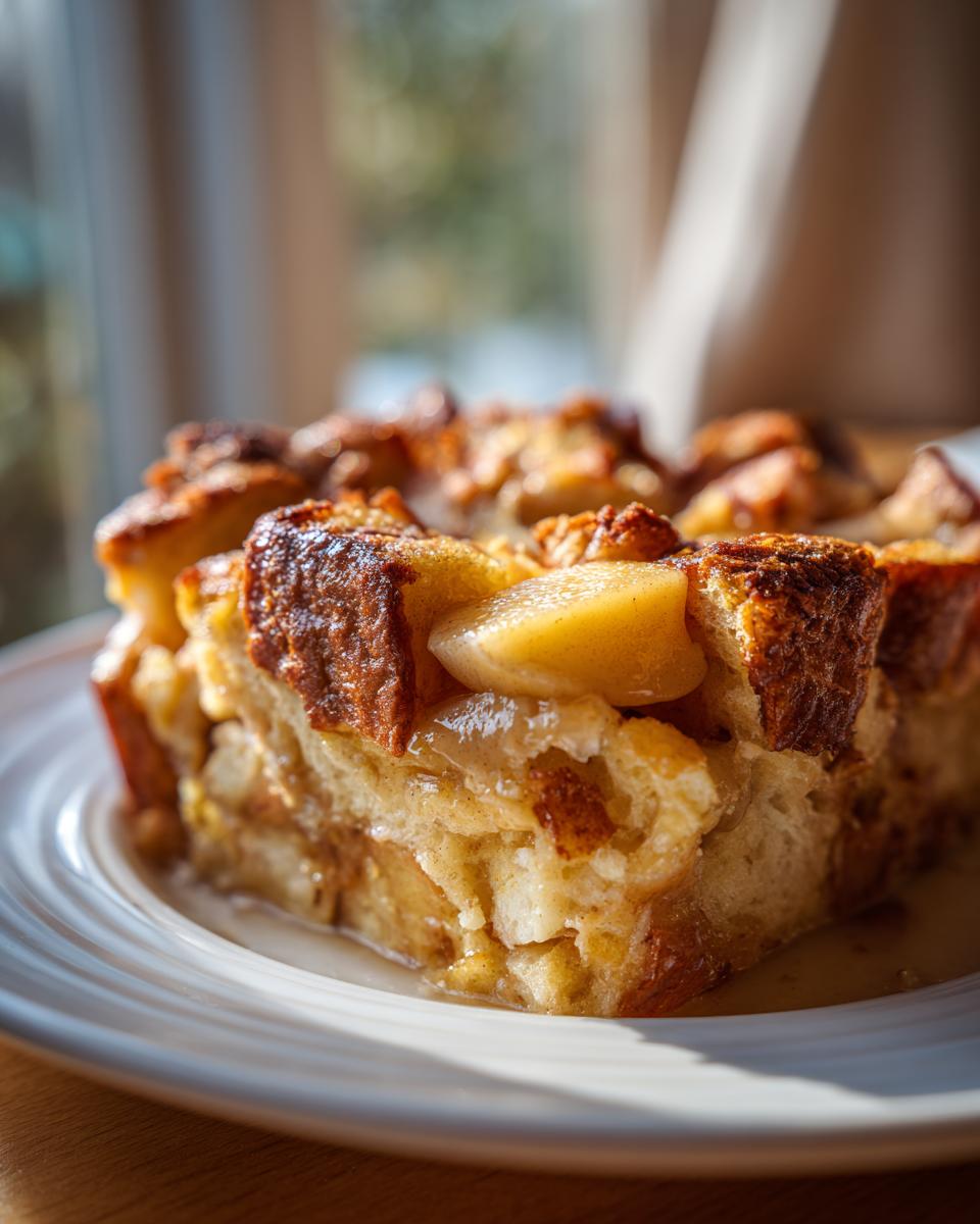 A close-up of a slice of Apple Cinnamon French Toast, showing layers of bread, apples, and syrup.