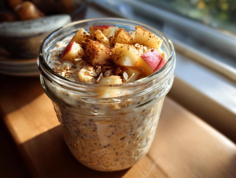Jar of Apple Cinnamon Overnight Oats topped with diced apples and cinnamon.