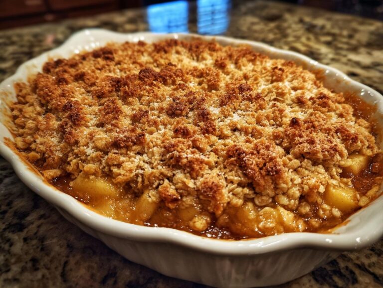 A close-up view of a freshly baked apple crisp in a white baking dish, showcasing the golden-brown crumble topping.