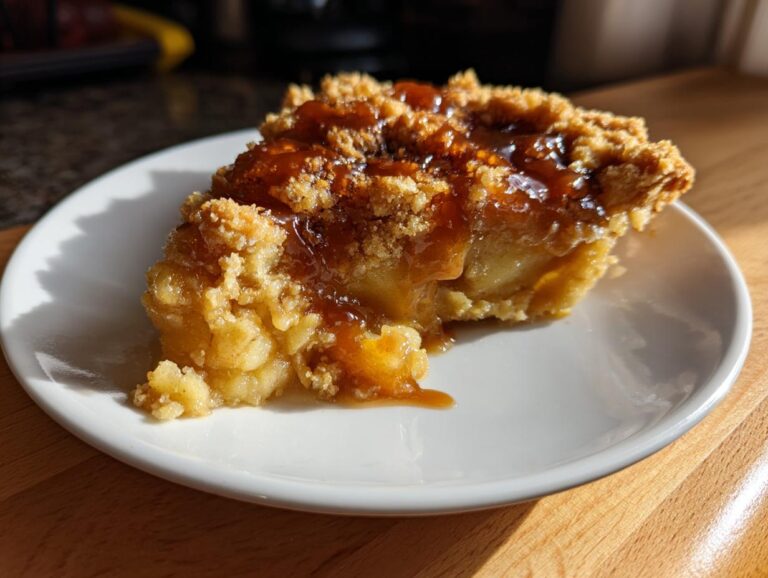 A close-up shot of a slice of 4-ingredient Apple Dump Cake, drizzled with caramel sauce.