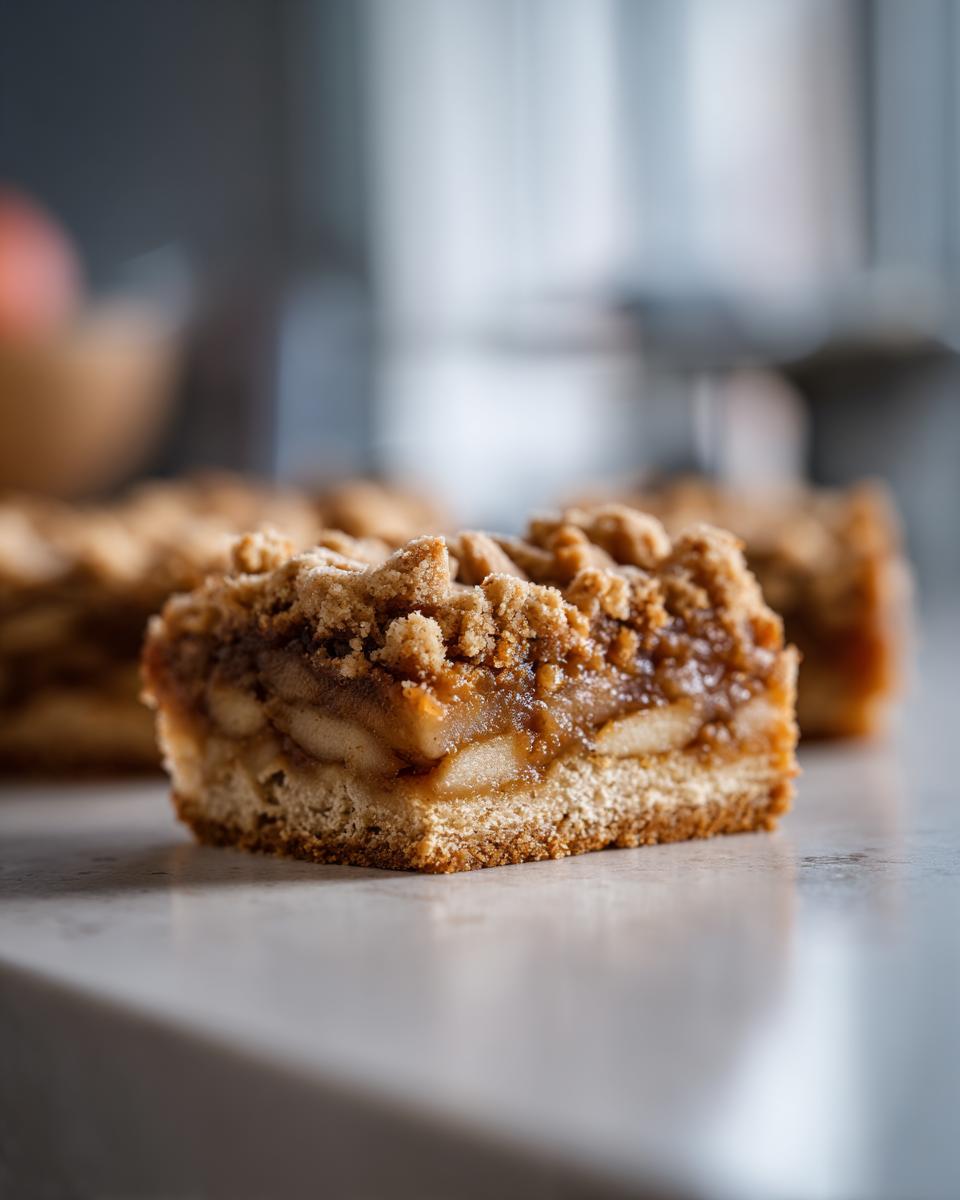 A close-up of apple pie bars with a crumb topping, showcasing the apple filling and crust.