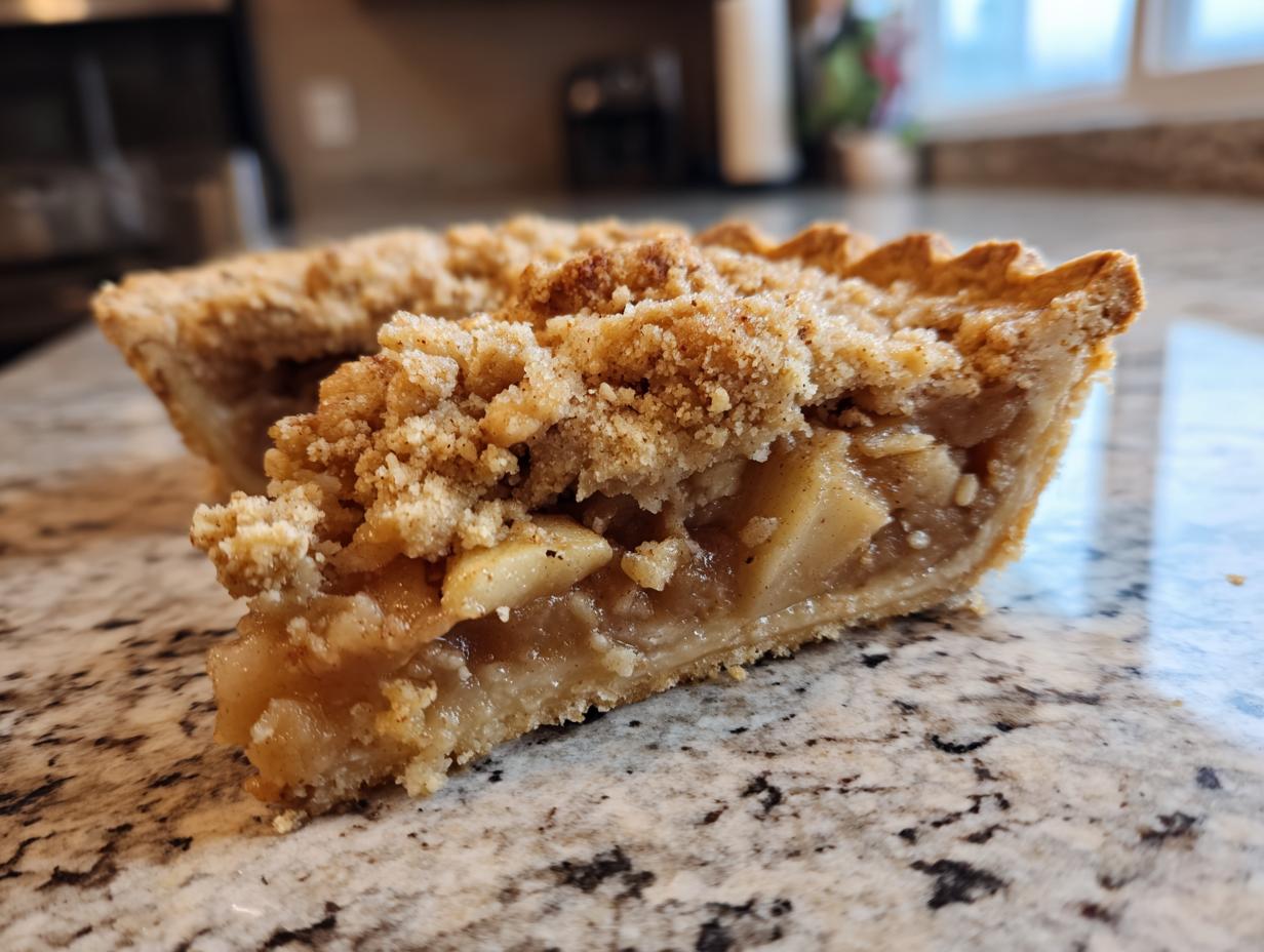 A close-up shot of apple pie bars, showcasing the apple filling and crumb topping.