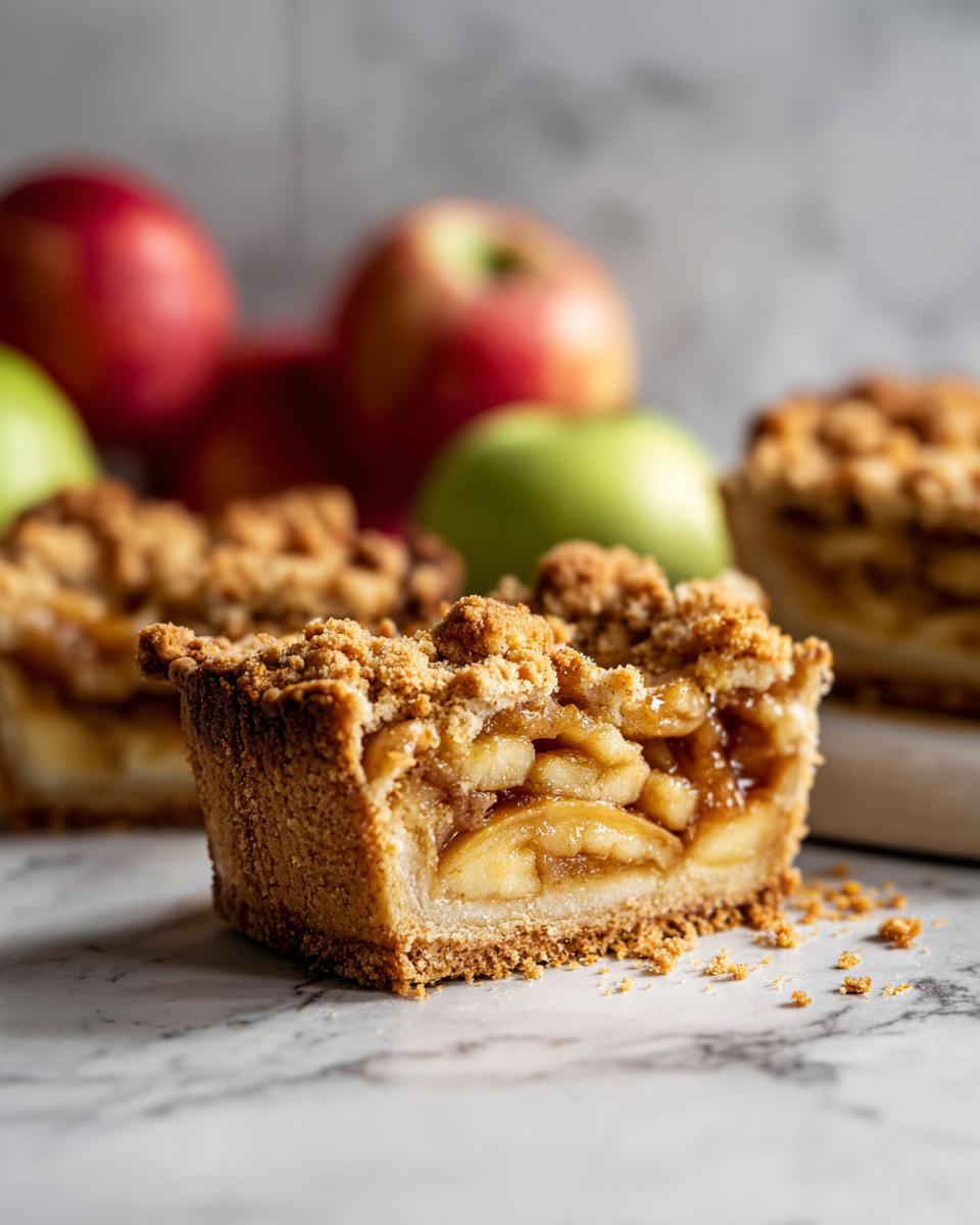 Close-up of a slice of apple pie bars with a golden crust and crumble topping, surrounded by fresh apples.