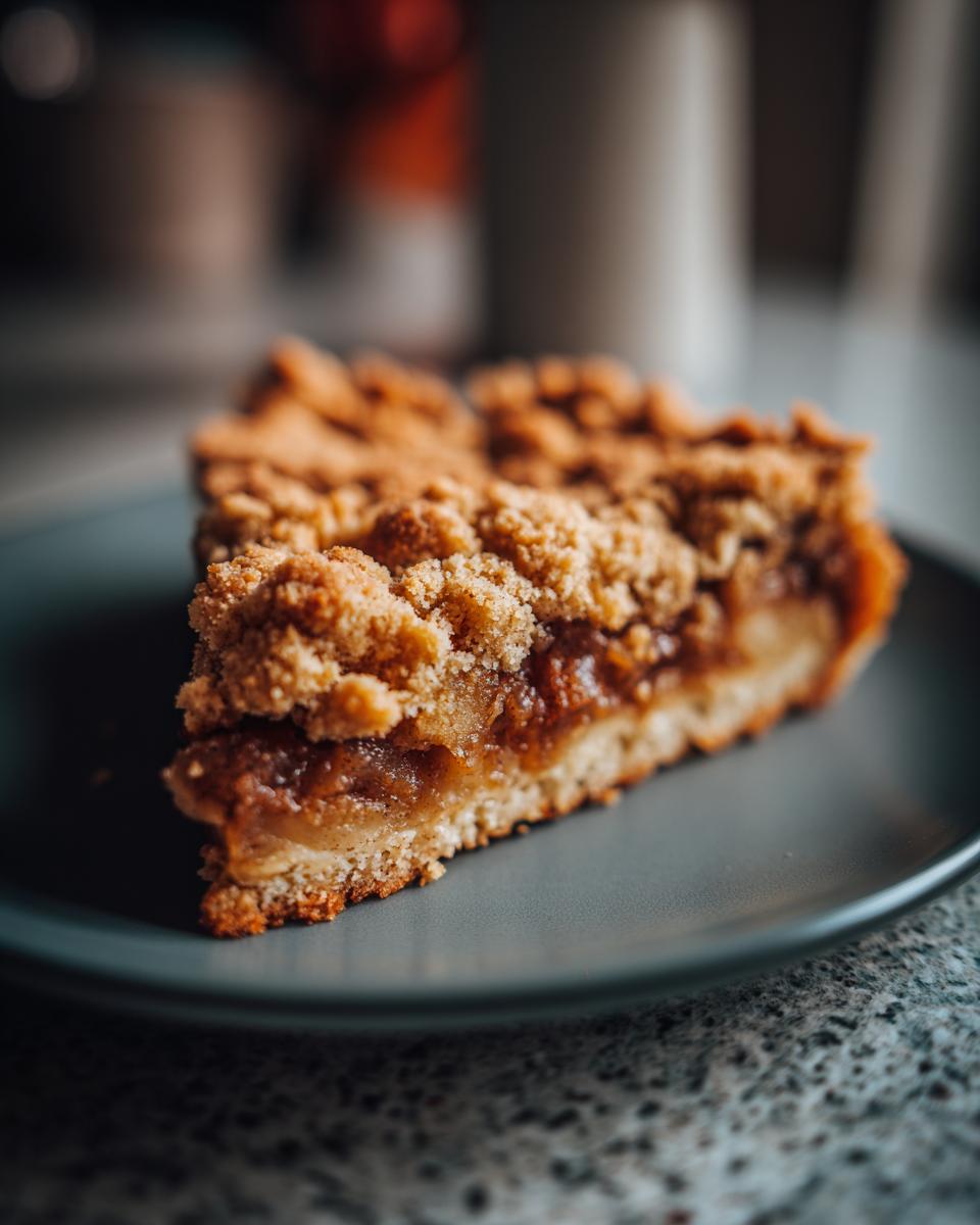 A single slice of apple pie bars on a gray plate, showcasing the apple filling and crumb topping.