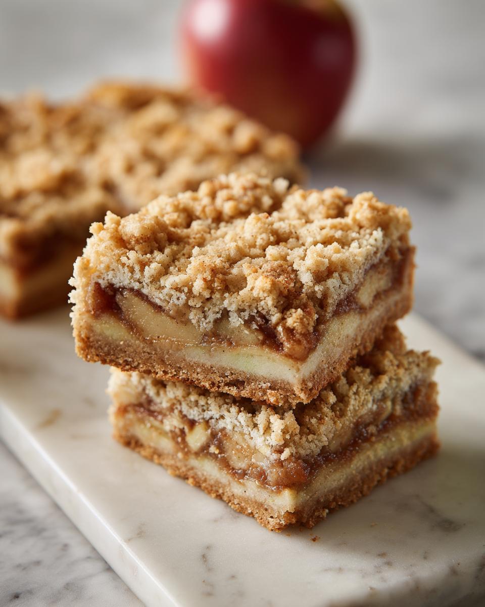 Two apple pie bars stacked on a marble board, showcasing the apple filling and crumble topping. Delicious apple pie bars!