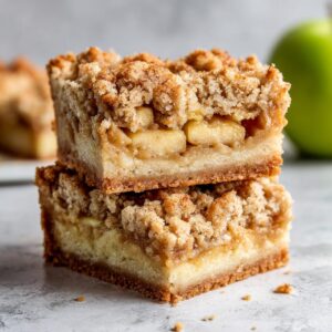 Two apple pie bars stacked on top of each other, showcasing the apple filling and crumble topping.