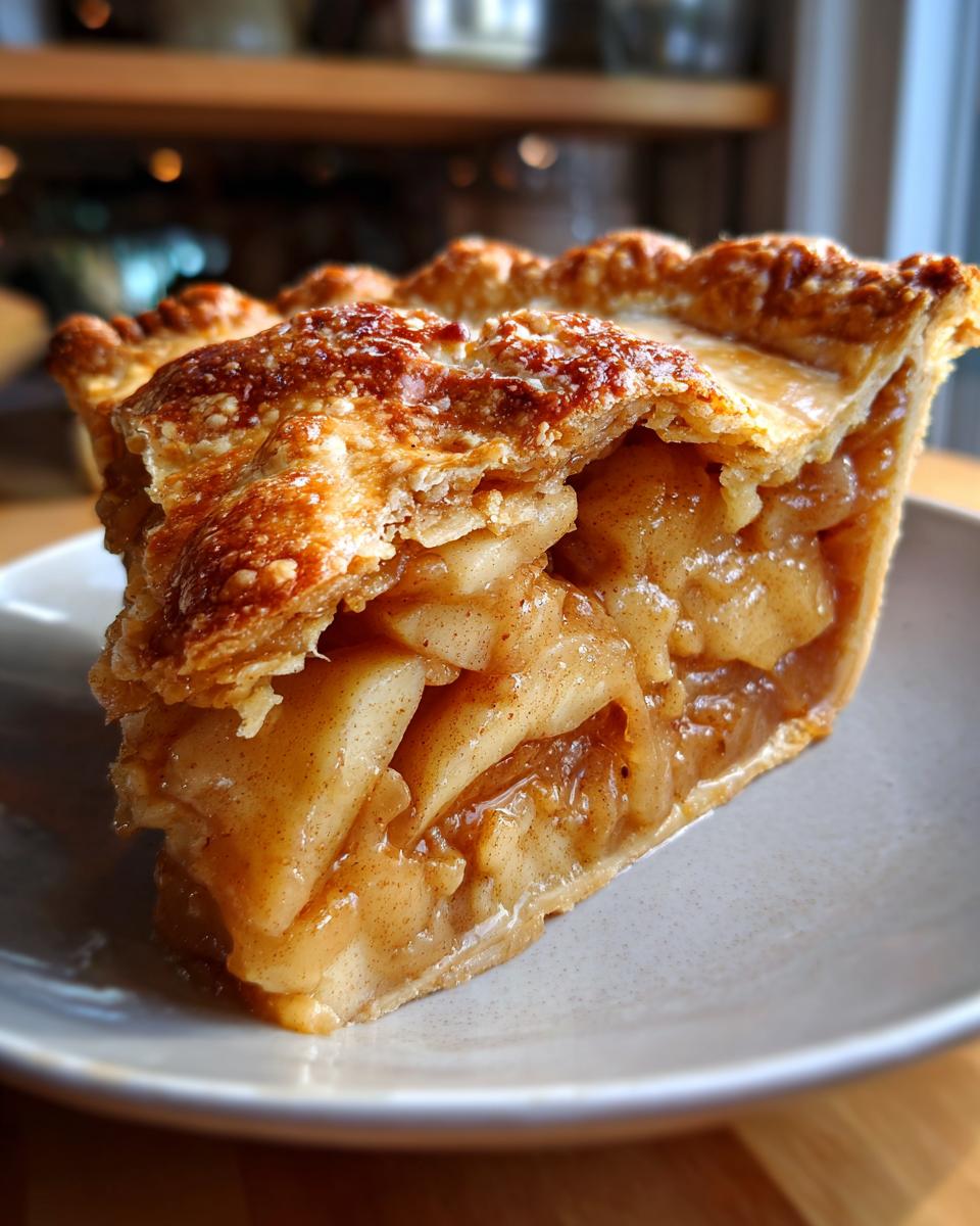 A close-up of a slice of apple pie, showcasing a flaky, golden-brown crust and a generous filling of spiced apples.
