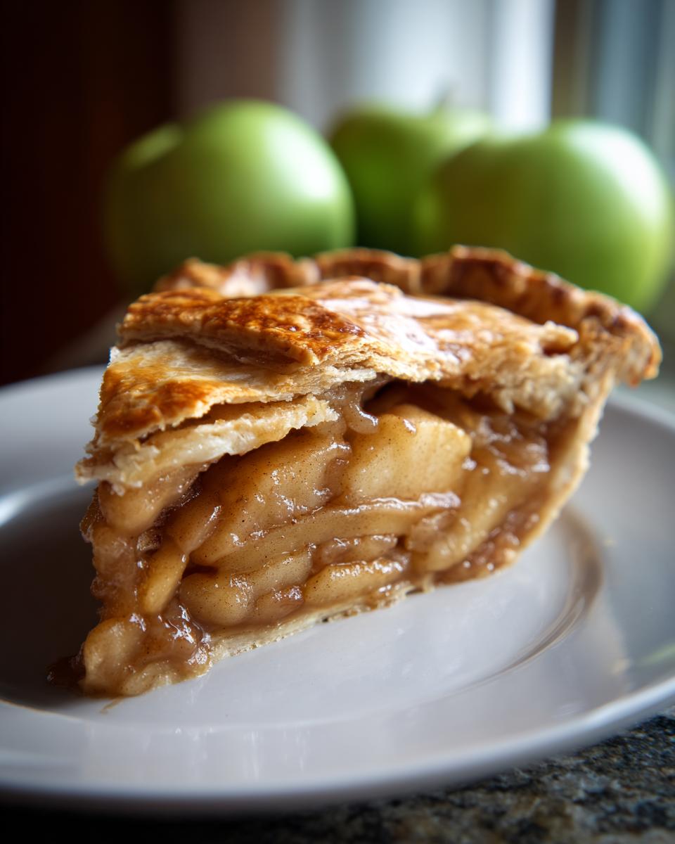 A delicious slice of apple pie with a flaky golden crust and a filling of spiced apples.