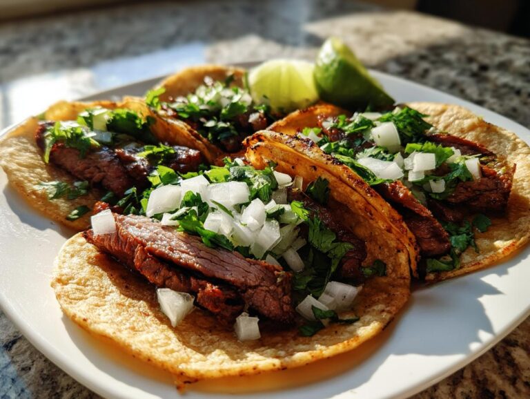 Close-up of delicious carne asada tacos on a white plate, topped with diced onions and cilantro, with lime wedges on the side.
