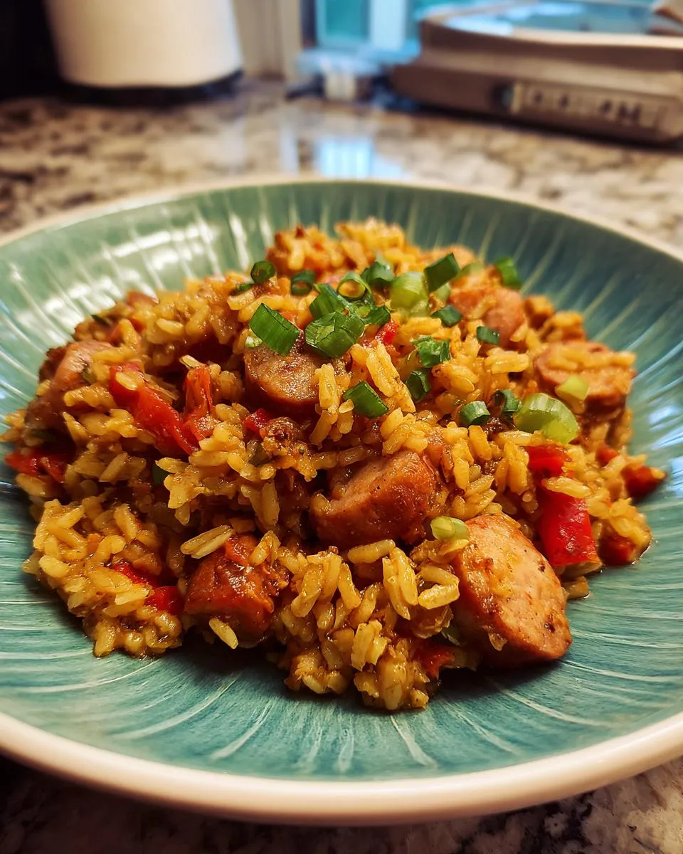 A close-up of a bowl of authentic Jambalaya, featuring rice, sausage, red peppers, and green onions.