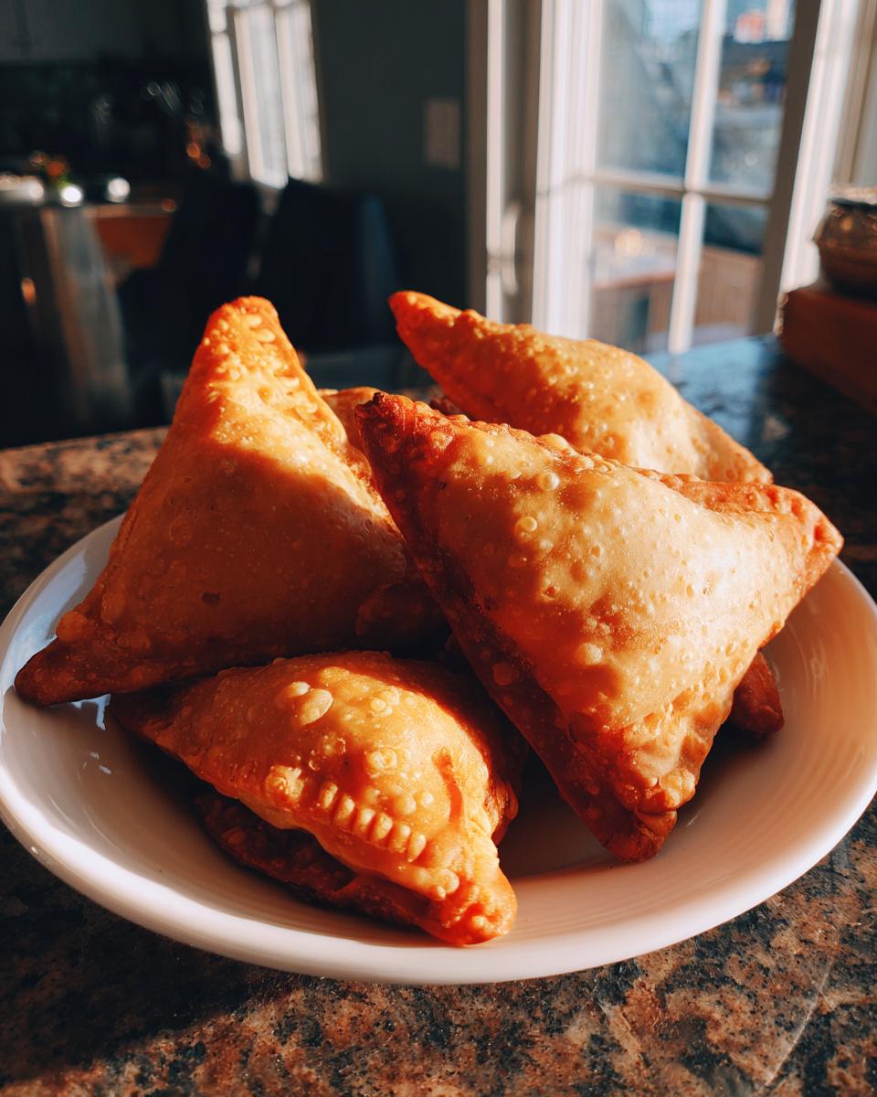 A close-up of a white plate filled with golden-brown, crispy samosas, bathed in warm sunlight.