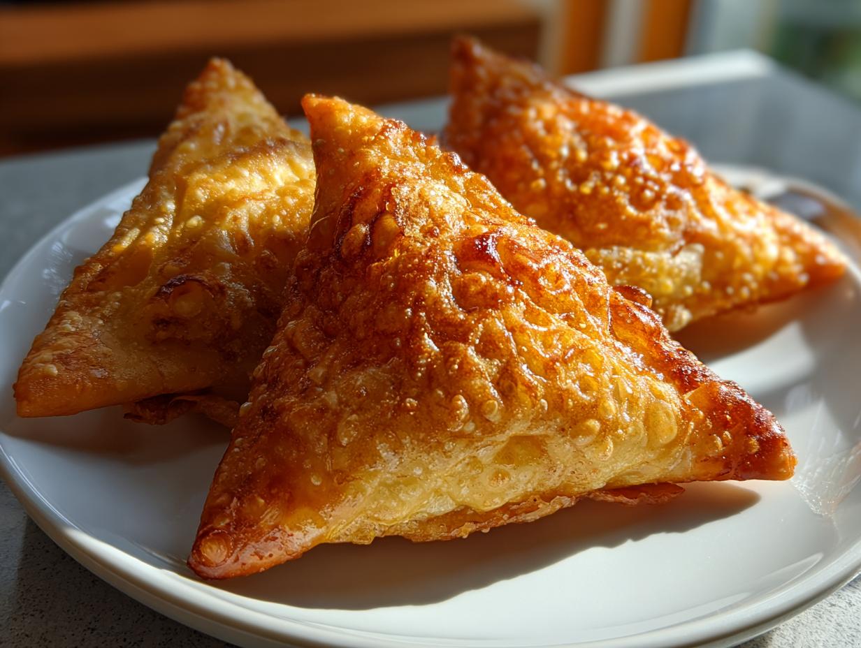 Close-up of three golden-brown, crispy samosas arranged on a white plate, ready to be served.