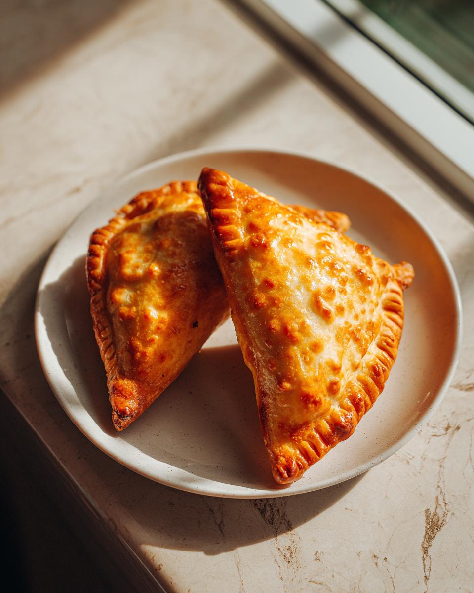 Two golden brown, freshly baked samosas arranged on a white speckled plate, ready to be enjoyed.