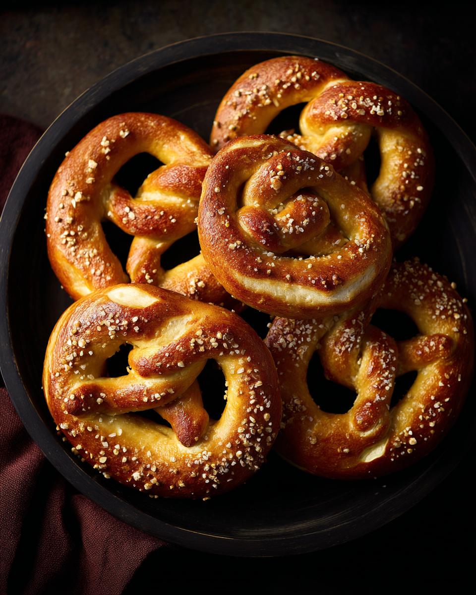 A close-up overhead view of a wooden bowl filled with several golden-brown, authentic soft pretzels sprinkled with coarse salt.