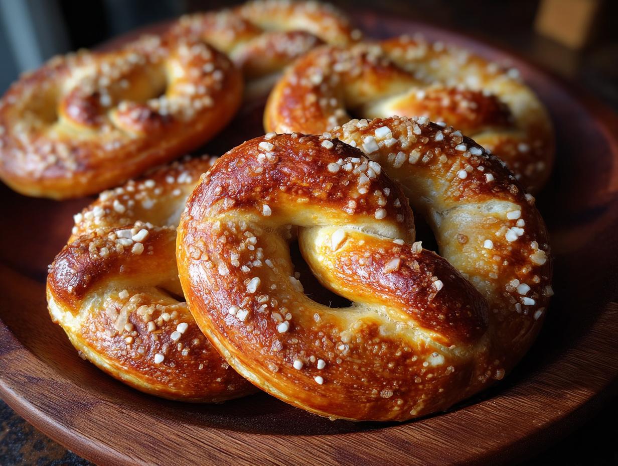 Close-up of golden-brown authentic soft pretzels topped with coarse salt crystals on a wooden board.