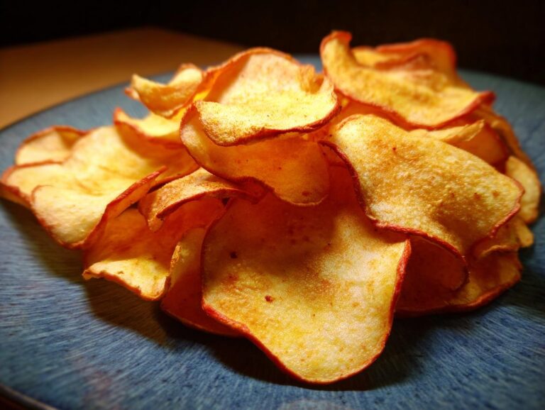 Close-up of a pile of golden-brown baked apple chips with slightly curled edges, served on a blue plate.