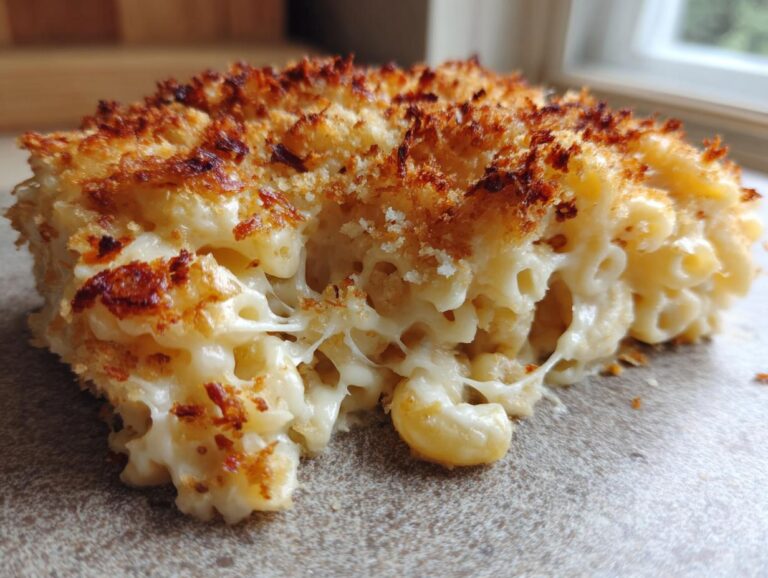 Close-up of baked mac and cheese with a golden-brown, crispy topping and creamy, cheesy sauce.
