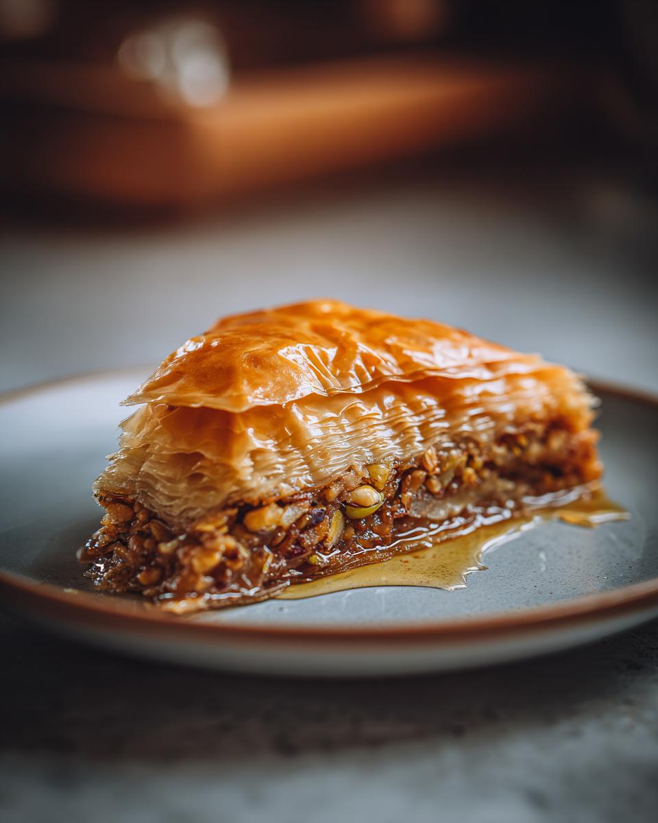 A close-up of a golden-brown slice of Baklava, showcasing layers of flaky pastry filled with chopped pistachios and drizzled with syrup.