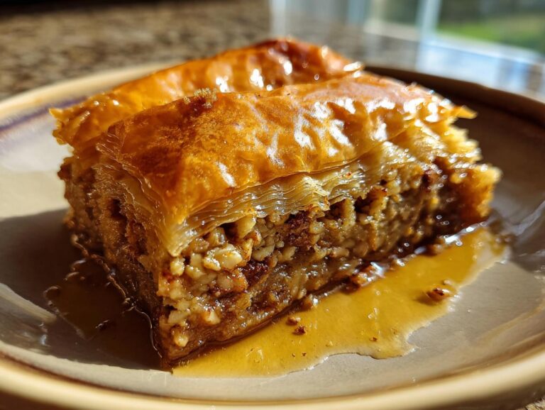 Close-up of a golden-brown Baklava slice on a plate, dripping with sweet syrup and filled with chopped nuts.