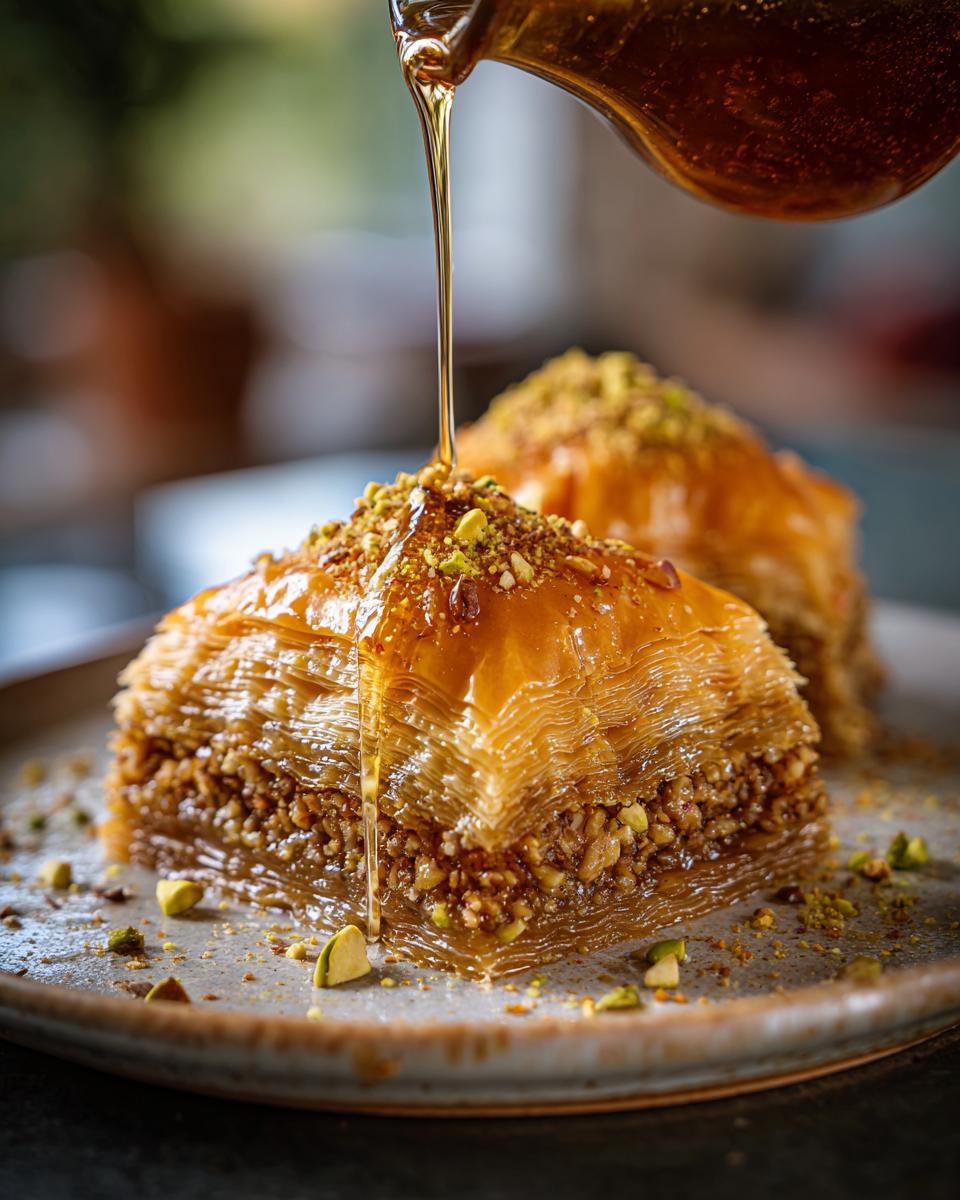 Close-up of a piece of Baklava being drizzled with golden syrup and topped with chopped pistachios.