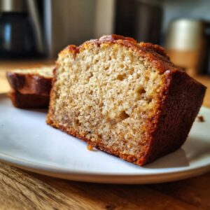 Close-up of a slice of moist banana bread on a white plate, showcasing its texture and golden crust.