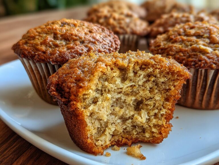 Close-up of banana oat muffins, one with a bite taken out, revealing the moist interior.