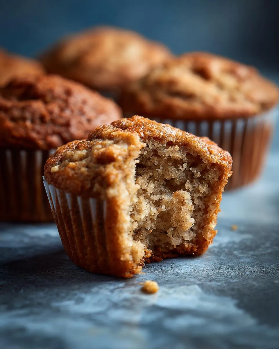 Close-up of a banana oat muffin with a bite taken out, showcasing the soft texture. More muffins in the background.