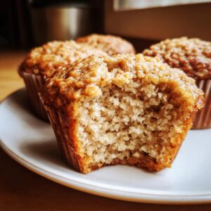 A close-up of a banana oat muffin with a bite taken out, showcasing its soft texture.