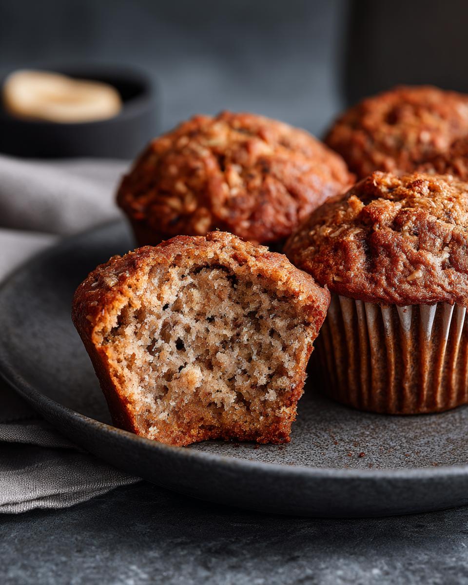 Close-up of banana oat muffins on a plate, one muffin cut in half to show texture.
