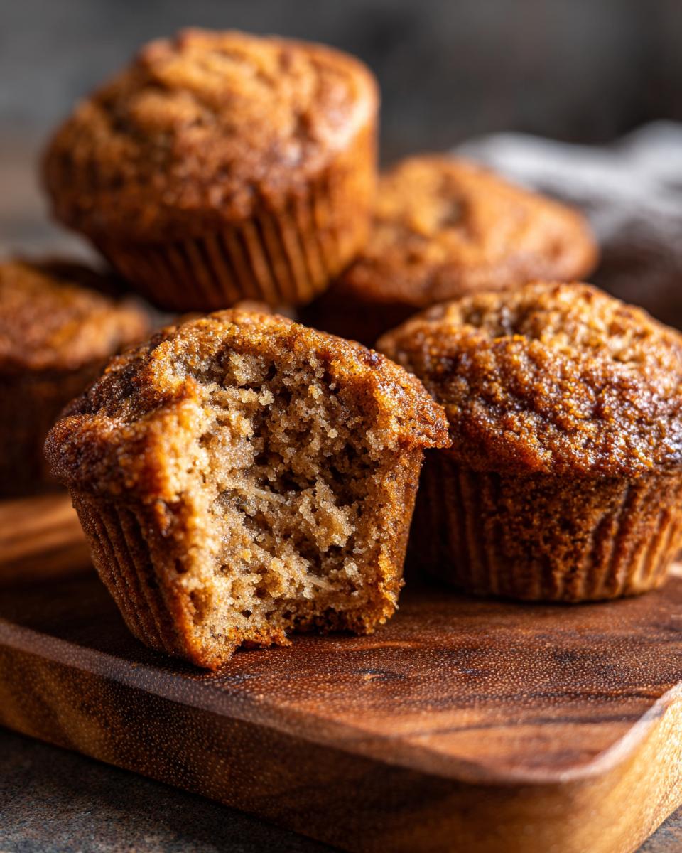 Close-up of banana oat muffins on a wooden board, one muffin with a bite taken out to show the texture.