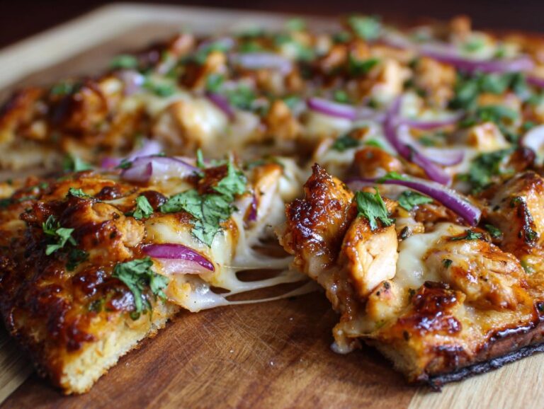Close-up of a slice of BBQ chicken pizza with melted cheese, red onions, and cilantro.