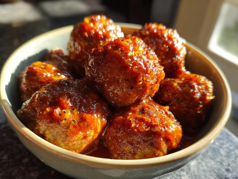 Close-up of a bowl filled with glistening BBQ meatballs, coated in a rich, savory sauce.