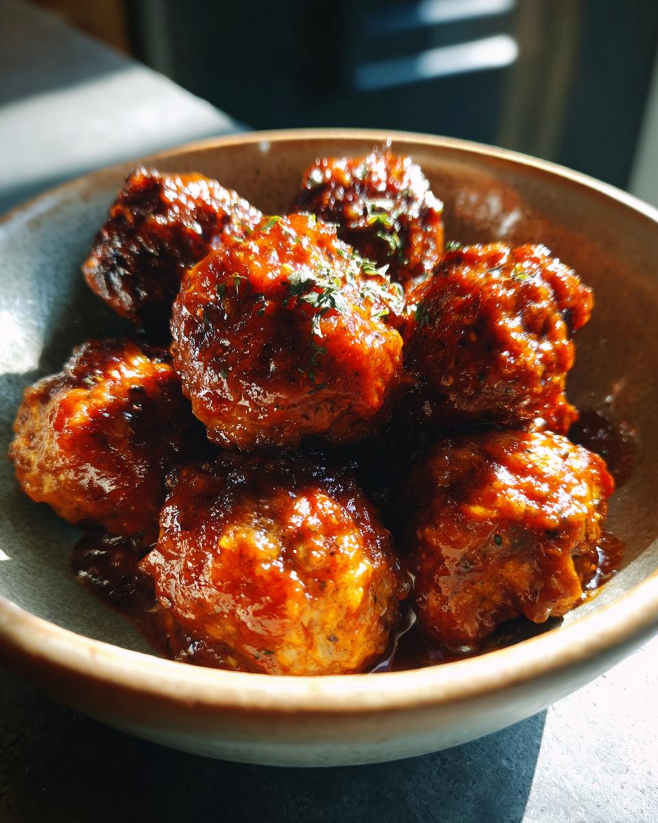 Close-up of a bowl filled with glistening BBQ meatballs, topped with fresh herbs.