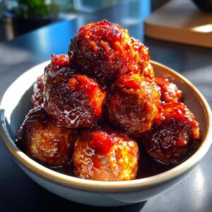 A close-up shot of a bowl filled with glistening BBQ meatballs, coated in a rich, glossy sauce.