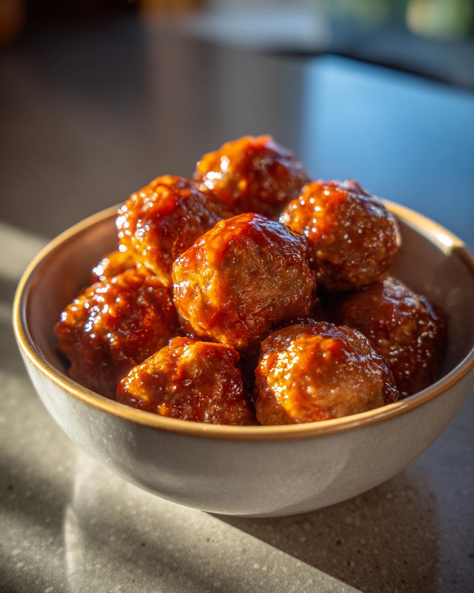 A close-up shot of a bowl filled with glistening BBQ meatballs, coated in a rich sauce.
